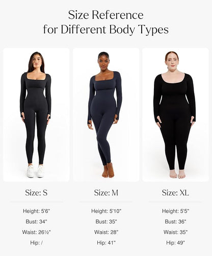 Women Long Sleeve Built-In Bra Square Neck Jumpsuits