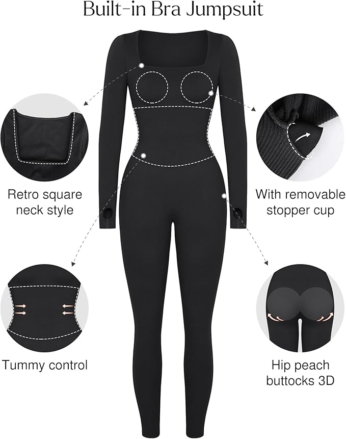 Women Long Sleeve Built-In Bra Square Neck Jumpsuits