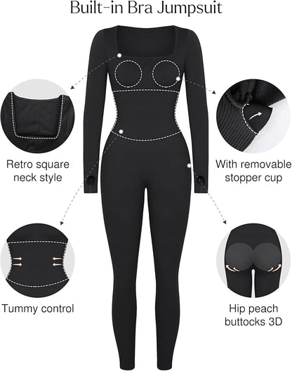 Women Long Sleeve Built-In Bra Square Neck Jumpsuits