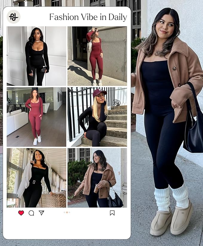 Women Long Sleeve Built-In Bra Square Neck Jumpsuits