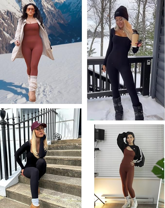 Women Long Sleeve Built-In Bra Square Neck Jumpsuits