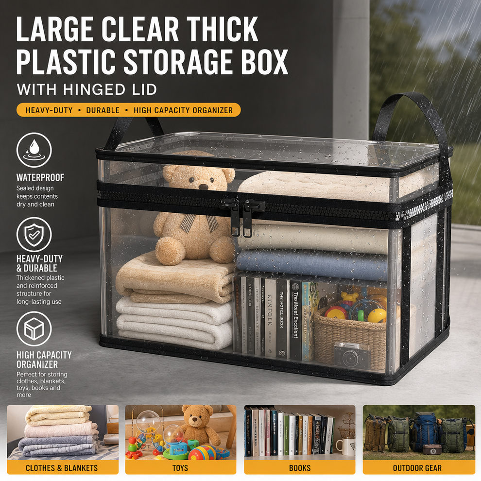 Large Clear Storage Box with Hinged Lid – Heavy-Duty High Capacity Organizer