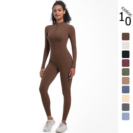 Women's Solid Zip Up Long Sleeve Sports Jumpsuit